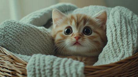 A chubby kitten sitting in a basket filled with soft blankets, looking up with big, curious eyes and a playful expression.の素材