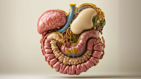 A D model of the human digestive system, including the stomach, intestines, and liver, set on a soft background with clear anatomical detailsの素材