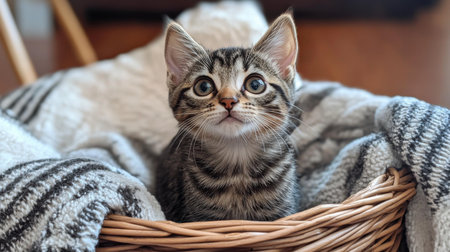 A chubby kitten sitting in a basket filled with soft blankets, looking up with big, curious eyes and a playful expression.の素材