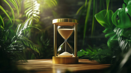 A close-up of a golden hourglass on a wooden desk with the sand flowing smoothly, surrounded by natural elements like wood and greenery, representing time and natureの素材