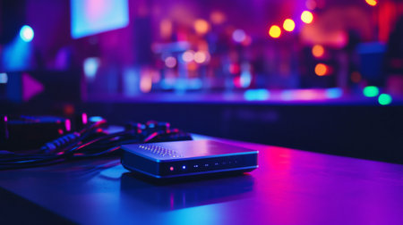 A close-up of a wireless  with a sleek design, placed on a table with a backdrop of stage equipment and lighting, showcasing its modern technology.の素材