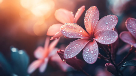 A close-up of a flower with drops of water on its soft, pink petals, glowing in natural light, adding a refreshing and calm atmosphere to the sceneの素材