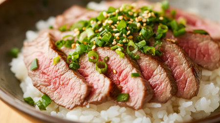 A close-up of tender slices of beef served over a bowl of steaming white rice, topped with a savory sauce and garnished with fresh green onions and sesame seedsの素材