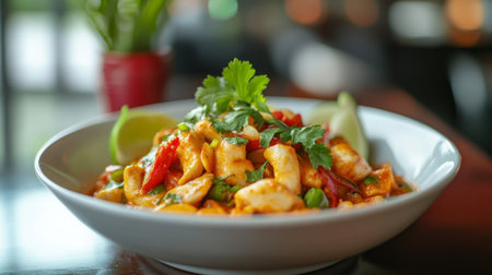 A beautifully plated bowl of  topped with fresh lime wedges and cilantro, highlighting the dish's vibrant colors and fresh flavors, perfect for a delightful meal.の素材