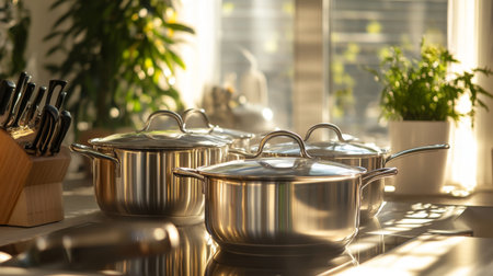 A beautiful kitchen scene with a set of shiny stainless steel pots and pans, reflecting the sunlight, creating an elegant and inviting cooking environment.の素材