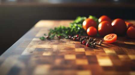 A close-up of fresh ingredients such as vegetables, herbs, and spices on a wooden countertop, ready to be used in cooking, with soft lighting highlighting the colorsの素材