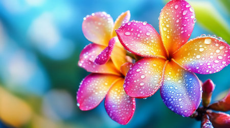 A bright, colorful flower with droplets of water on its petals, set against a blurred garden background, creating a fresh and serene sceneの素材