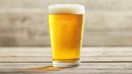 A close-up of a frosty beer glass with ice, the golden liquid glistening in the light, with condensation on the glass and a soft background for a crisp, refreshing lookの素材
