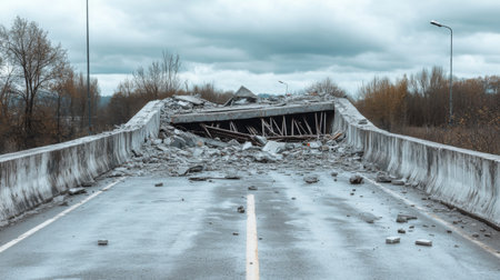 A broken bridge with collapsed sections and exposed steel reinforcements, surrounded by scattered concrete chunks after an earthquakeの素材