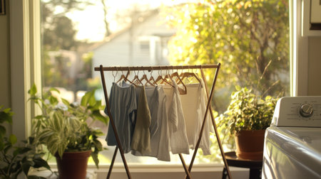 A close-up of a collapsible drying rack with towels and shirts drying in a cozy laundry room, with natural light softly illuminating the spaceの素材