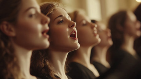 A choir in an elegant performance, with their faces harmonizing in sync and captured against a soft, blurred background that focuses on their expressionの素材