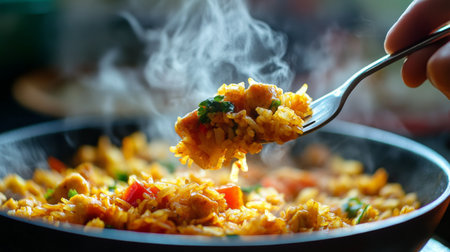 A close-up of a hand holding a forkful of curried fried rice, with steam rising and the colorful ingredients visible, inviting viewers to indulge in the dish.の素材