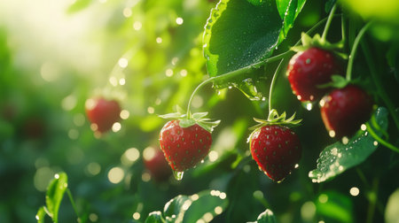 A close-up of red strawberries hanging on vines in a farm field, glistening with morning dew, surrounded by rich green foliageの素材