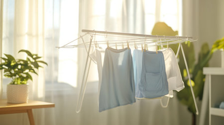 A clothes drying rack in a bright, modern apartment with clothes drying after a wash, capturing a relaxed, functional home atmosphereの素材