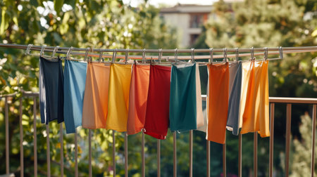 A clothes drying rack placed on a balcony with clothes fluttering in the wind, with a scenic view of the outdoors in the background, symbolizing a fresh breezeの素材