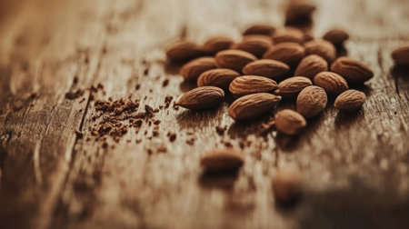 A close-up shot of raw almonds scattered on a wooden surface, highlighting their natural textures and rich brown color with soft lightingの素材