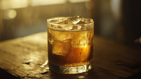 A cold glass of beer filled with ice cubes, condensation dripping down the sides, placed on a wooden surface with soft lighting highlighting the refreshing lookの素材
