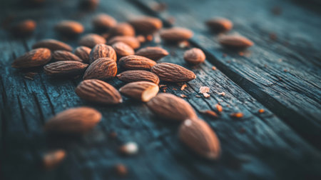 A close-up shot of raw almonds scattered on a wooden surface, highlighting their natural textures and rich brown color with soft lightingの素材