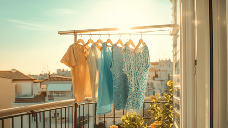 A clothes drying rack placed on a balcony with clothes fluttering in the wind, with a scenic view of the outdoors in the background, symbolizing a fresh breezeの素材