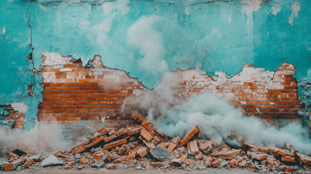 A collapsed brick wall with rubble and dust on the ground, showcasing the aftermath of structural damage from an earthquakeの素材