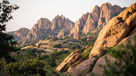 A close-up view of rocky mountain peaks, with jagged edges and deep shadows, framed by a clear sky, highlighting the beauty of the rugged landscapeの素材