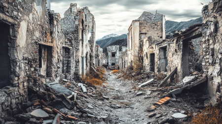 A deserted village with cracked walls and roof tiles scattered on the ground, evoking the eerie aftermath of an earthquakeの素材