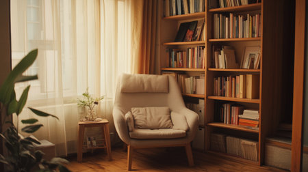 A cozy reading nook in a Muji-style house, featuring a comfortable chair, soft cushions, and a small bookshelf, all bathed in warm natural light for a peaceful escape.の素材