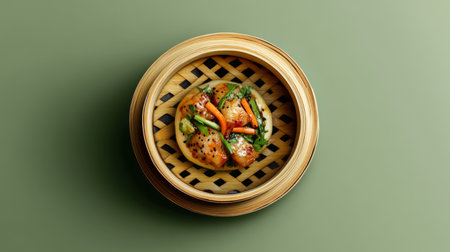 A flat lay of a pork belly bao bun, filled with tender meat, pickled vegetables, and spicy sauce, presented on a bamboo steamer for an authentic touch.の素材