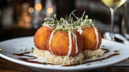 A gourmet serving of arancini presented in a fine-dining setting, adorned with microgreens and a drizzle of truffle oil, showcasing a modern twist on a classic dish.の素材