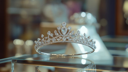 A delicate diamond tiara placed on a glass display, shining brightly and symbolizing royalty and opulence in a glamorous setting.の素材