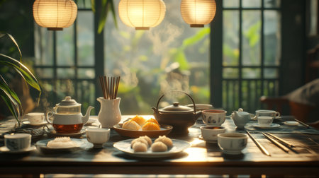 A high-resolution photo of a traditional dim sum table with an assortment of  and , surrounded by chopsticks and tea cups for an authentic dining experience.の素材