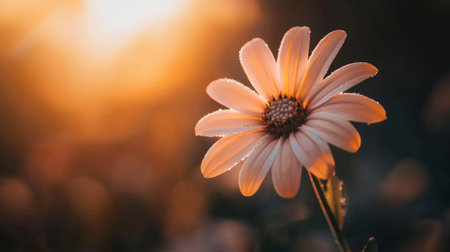 A detailed shot of a flower with dewdrops on its petals, captured in the soft morning sunlight, with vibrant colors and natural texturesの素材