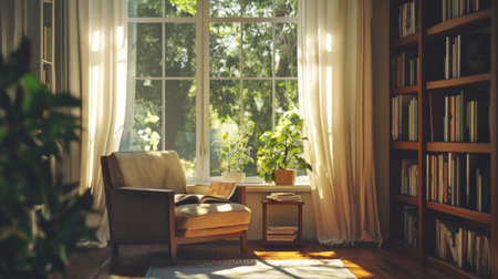A living room filled with natural light, showcasing large windows, soft curtains, and a comfortable armchair next to a small reading nook.の素材