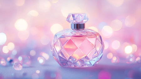 A perfume bottle with a modern geometric design, set against a soft pastel background with shimmering light that enhances its sleek and stylish appearanceの素材