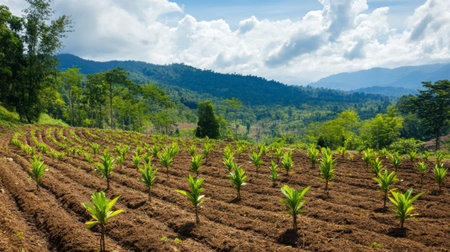 A panoramic view of a sprawling forest landscape with freshly planted trees, illustrating the positive impact of reforestation on the environment and biodiversity.の素材