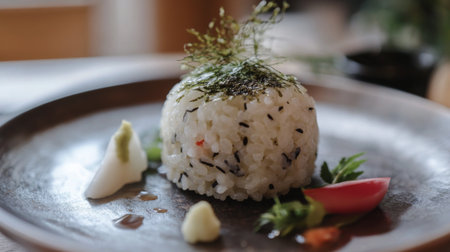 A rice ball with a light, fluffy texture, wrapped in nori, resting on a traditional Japanese plate with fresh herbs and vegetables as garnishの素材