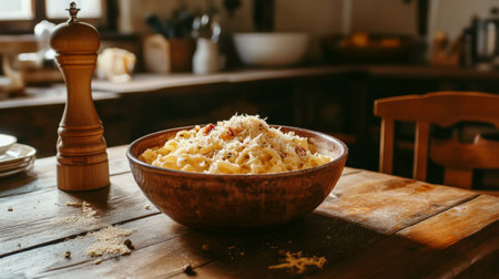 A rustic Italian kitchen with a wooden table featuring a large serving bowl of carbonara, freshly grated cheese, and a pepper mill, inviting guests to indulge in homemade goodness.の素材