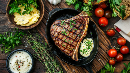 A rustic table setting with a grilled T-bone steak served on a cast-iron skillet, accompanied by a side of garlic butter and fresh herbs.の素材