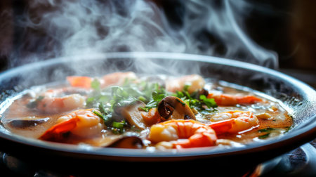 A plate of Thai Tom Yum soup, filled with shrimp, mushrooms, and fresh herbs, steaming in a bowl, capturing the vibrant colors and aromatic appeal of the dishの素材