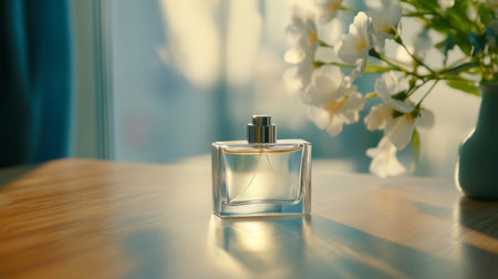 A simple yet elegant perfume bottle placed on a wooden table, bathed in soft natural light, with reflections creating a warm and inviting feelの素材