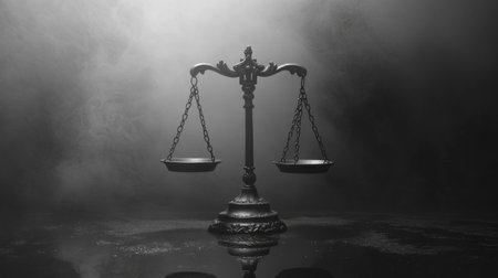 A shot of a balanced scale of justice on a reflective surface with soft lighting, creating a serene and formal atmosphere of fairnessの素材
