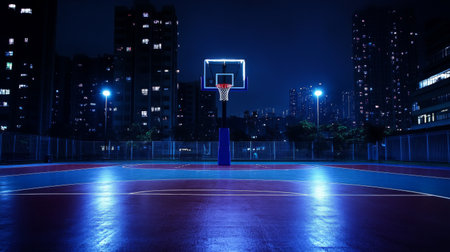 A shot of an empty basketball court at night, with the court lights illuminating the hoop and ball, creating a calm yet dramatic atmosphereの素材