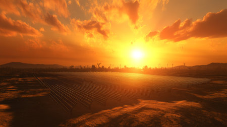 A solar farm at sunset, with rows of solar panels aligned in the open field, bathed in warm golden light as the sun sets on the horizonの素材