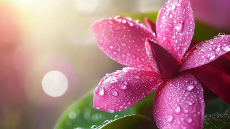 A vibrant flower with water droplets on its petals, placed against a soft, blurred background, with droplets glistening in the sunlightの素材