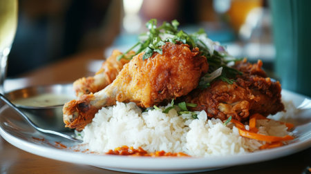 A vibrant, appetizing shot of a plate filled with hot, crispy fried chicken served alongside a mound of steaming white rice, with a hint of sauce and garnishesの素材