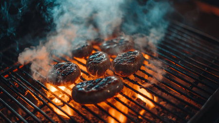 A top-down view of sausages cooking on a grill, with smoke gently rising from the surface, captured under a warm, outdoor setting with soft lightingの素材