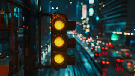 A wide shot of a traffic light turning green, positioned at an empty intersection with a blurred background of city streets, capturing a moment of calm traffic flowの素材