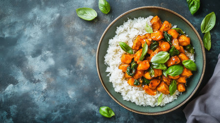 A vibrant plate of Thai basil stir-fried chicken Pad Krapow, garnished with Thai basil leaves, served alongside steamed rice, showcasing the dish's aromatic flavorsの素材
