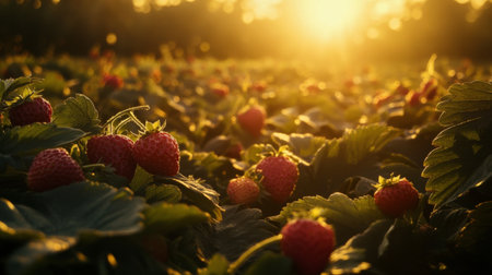 A wide shot of a strawberry farm during the golden hour, with the warm light enhancing the vibrant red color of the strawberries against the green leavesの素材
