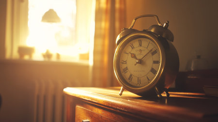A vintage-style alarm clock with a brass finish, placed on a retro wooden dresser, surrounded by soft morning light, capturing a sense of nostalgia and calmの素材
